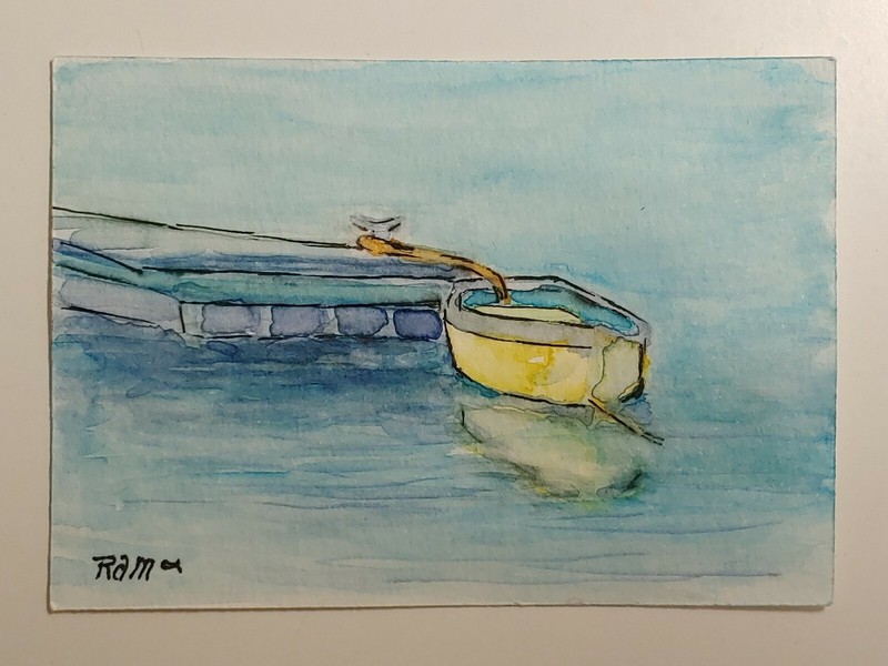 Alone in the Water ACEO Original Watercolor by RAMFish Artist 3 1/2″ Boat Dock
