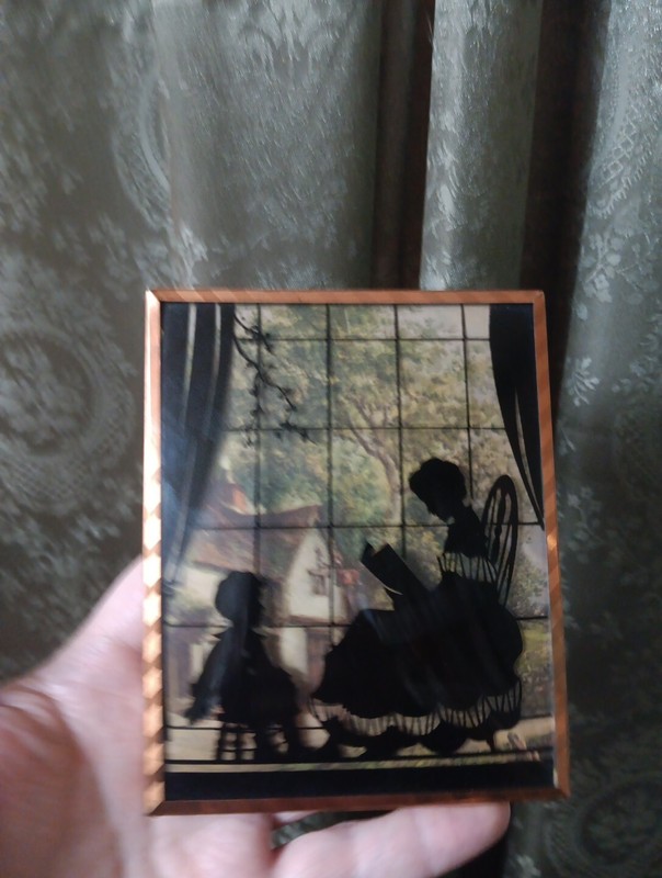 Vintage Reverse Silhouette Mother Reads To Child Window Convex Bubble Glass gallery