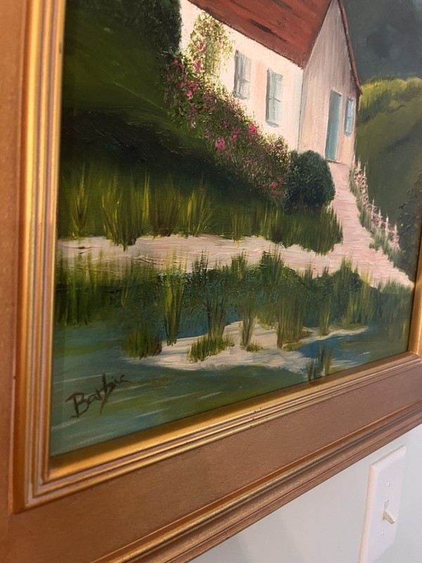 Vintage Oil painting Country Farm House Lake Pine Landscape Scene 26x18 Framed gallery
