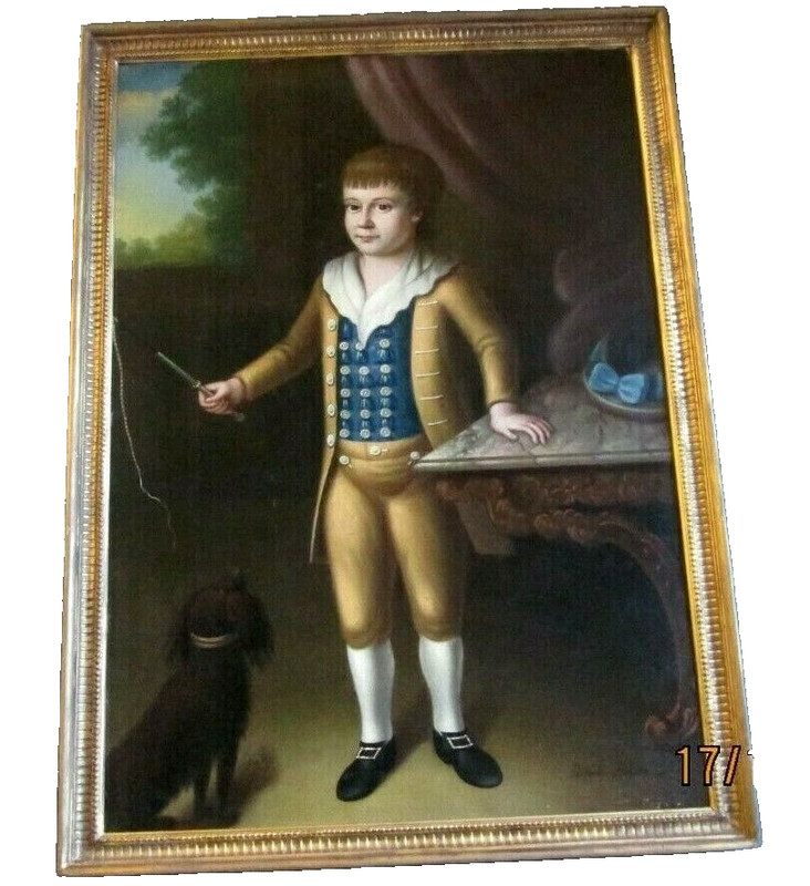 Lt. 1700's 36" x 50" FRAMED 18TH C.AMERICAN PORTRAIT PAINTING O/C BOY W/DOG