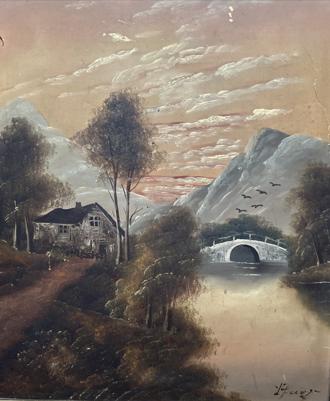 Vintage Signed Oil on Board Landscape 21x17 Framed Mountain Lake Cottage Art gallery