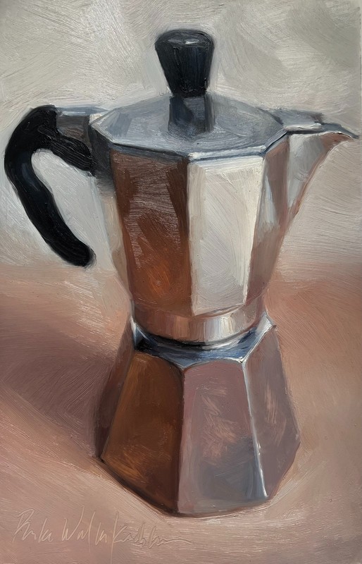 Moka coffee pot still life for cafe kitchen nook art by living artist 8″x6″