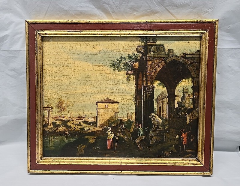 ITALIAN FLORENTINE GOLD WOOD FRAME art on canvas CANALETTO PAESAGGIO Vintage