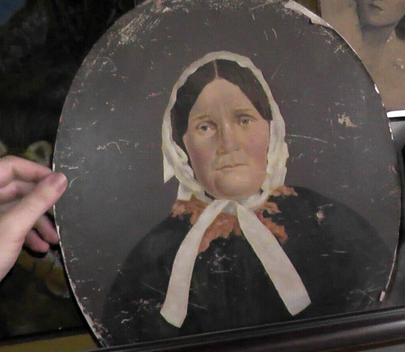 24×18 painting very old 1800s ? on thin metal woman housewife conservative usa