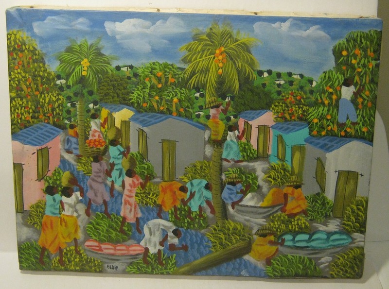 Island Art OIL Painting on Canvas VILLAGE SCENE Signed «ALABY» Excellent!!!