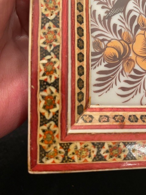 Khatam Marquestry Frame Birds Floral Hand Painted on silk 5.5X8.5 Free standREAD gallery