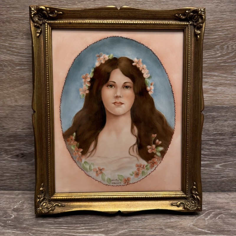 Vintage Hand Painted Porcelain Portrait Lady w/ Flowers Ornate Gold Frame Signed