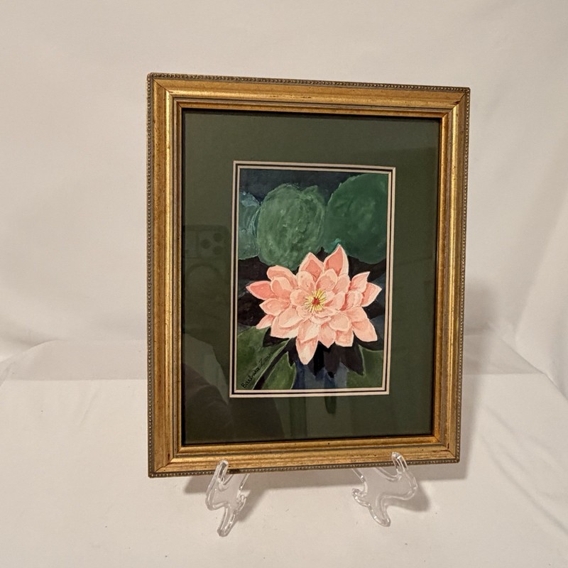 Pink Water Lily Watercolor Glass Mat Framed Signed Barbara Zerm 11.25”x9.5”