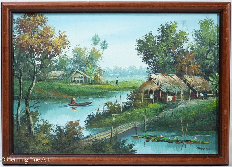 Vintage Impressionist Oil Painting Asian River Village Signed Sutin 16×22″
