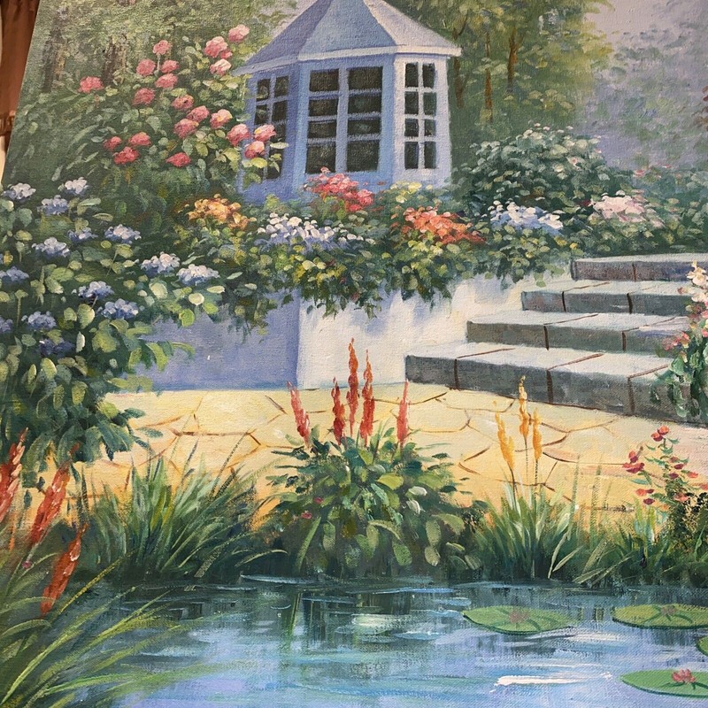 Original W. Hodges Oil Painting Colorful Flowers Spring garden gazebo Lily Pond gallery