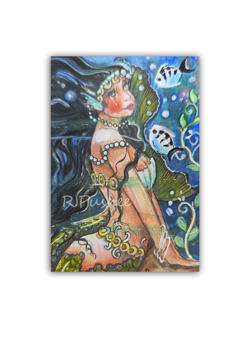 Mermaid with Angel Fish.. ACEO ORIGINAL ILLUSTRATION ART