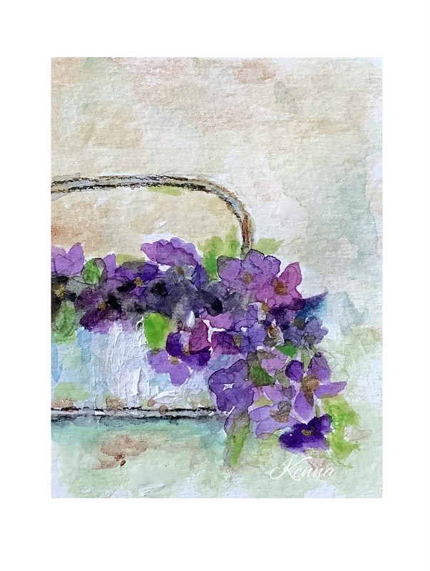 Aceo By Kenna Original Painting Violets In Planter 2.5” X 3.5” Signed