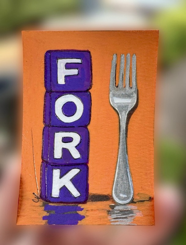 ACEO Original painting – F Is For Fork – OOAK, Collectable, Art