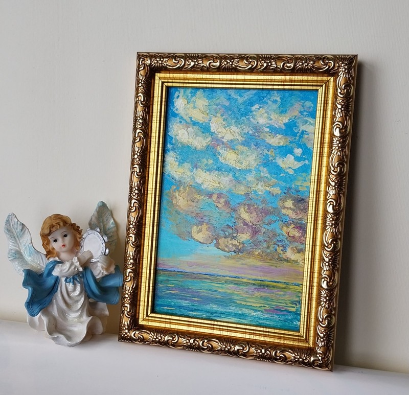 Framed Sunset Clouds Calm Seascape Evening Sky Art 4x6" Original Oil Painting gallery