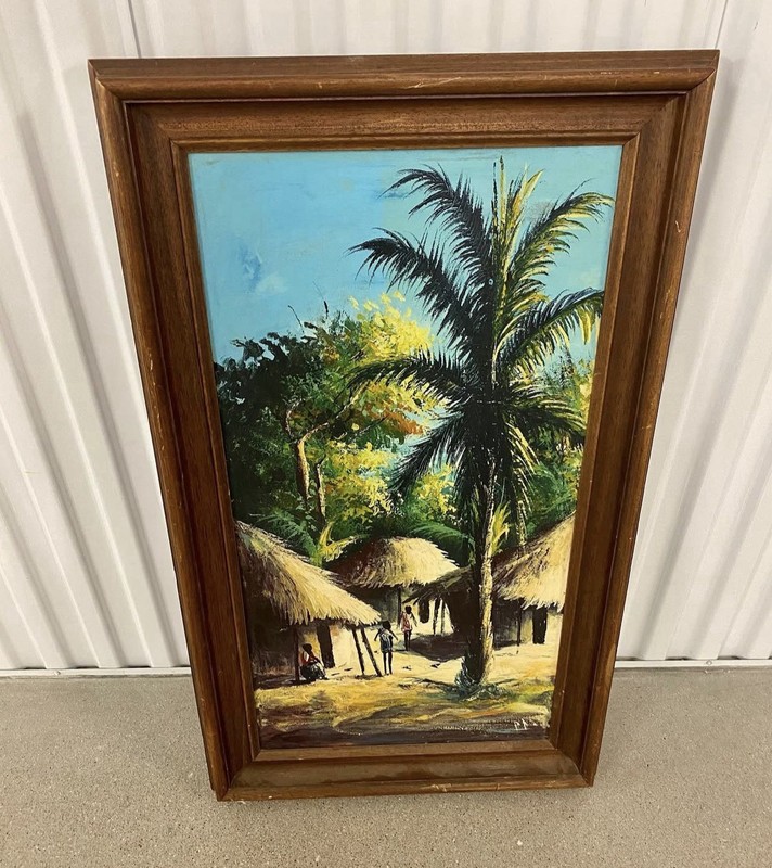 Vintage Tropical Island Oil Painting Framed Original Impasto Art 1970s Signed