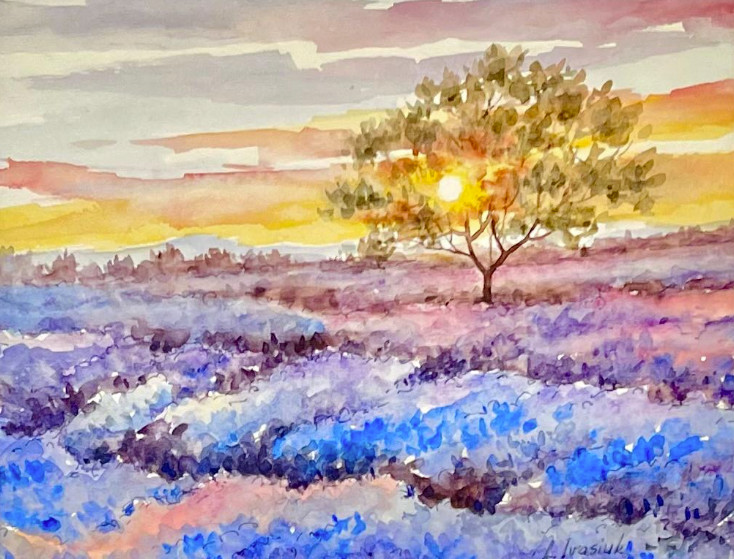 PAINTING WATERCOLOR 8X10 MAT 16X20 LANDSCAPE SUNSET TREE LAVENDER BLUE ORIGINAL