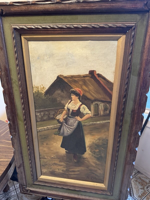 M. Colvin Woman In Market Signed Italian Oil Painting One Of A Kind Rare 1900s gallery