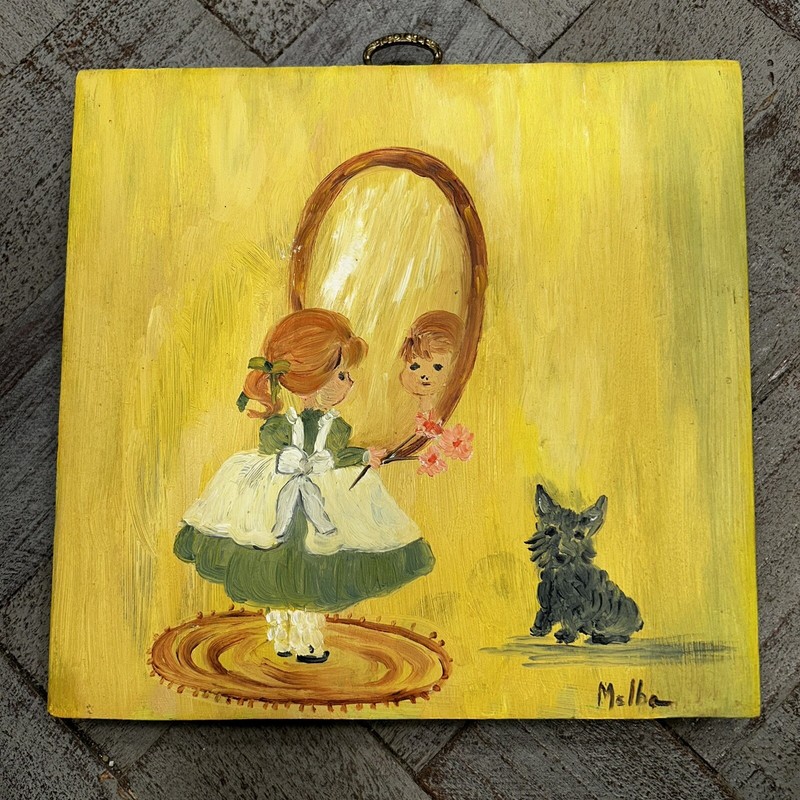 Vtg Oil Painting 1970’s Wall Art Red Head Girl w/ Yorkie Dog Wood Plaque Signed