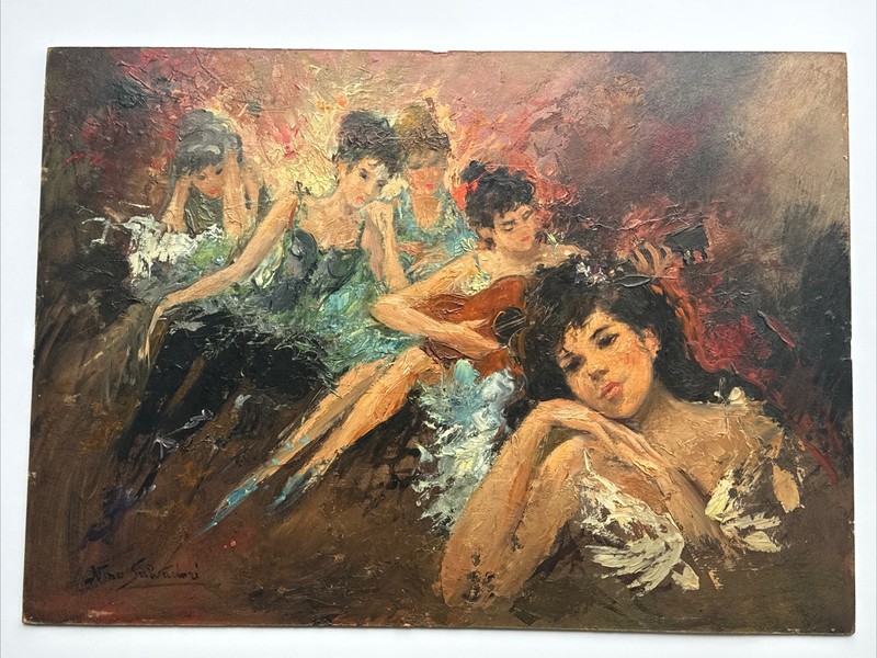 IMPRESSIONIST PAINTING WOMEN MUSICIANS CONCERT LISTED FAMOUS NINO SALVADORI OIL