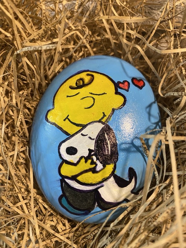 Rock Art Charlie And Snoopy Big Hug On Natural Rock