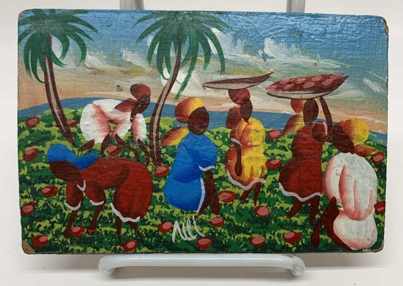 VTG 3 7/8" x 5 7/8" Original Acrylic Painting Caribbean Haiti Natives Signed gallery