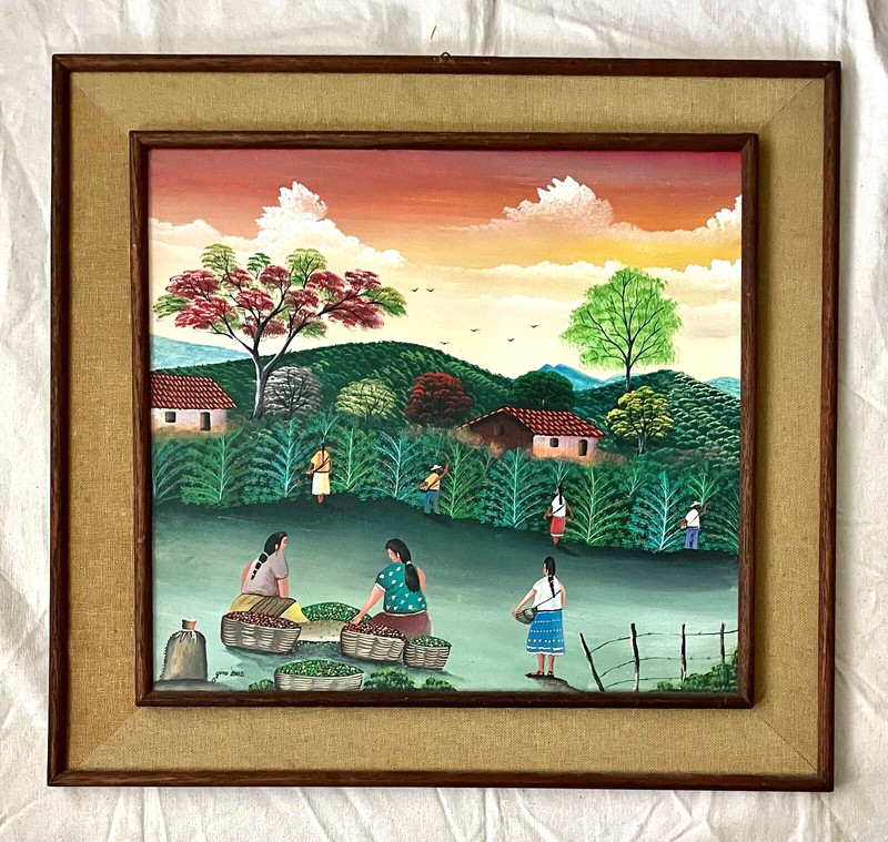 Original Signed YINO (Gino?) Haitian Acrylic on Board Painting Village Scene