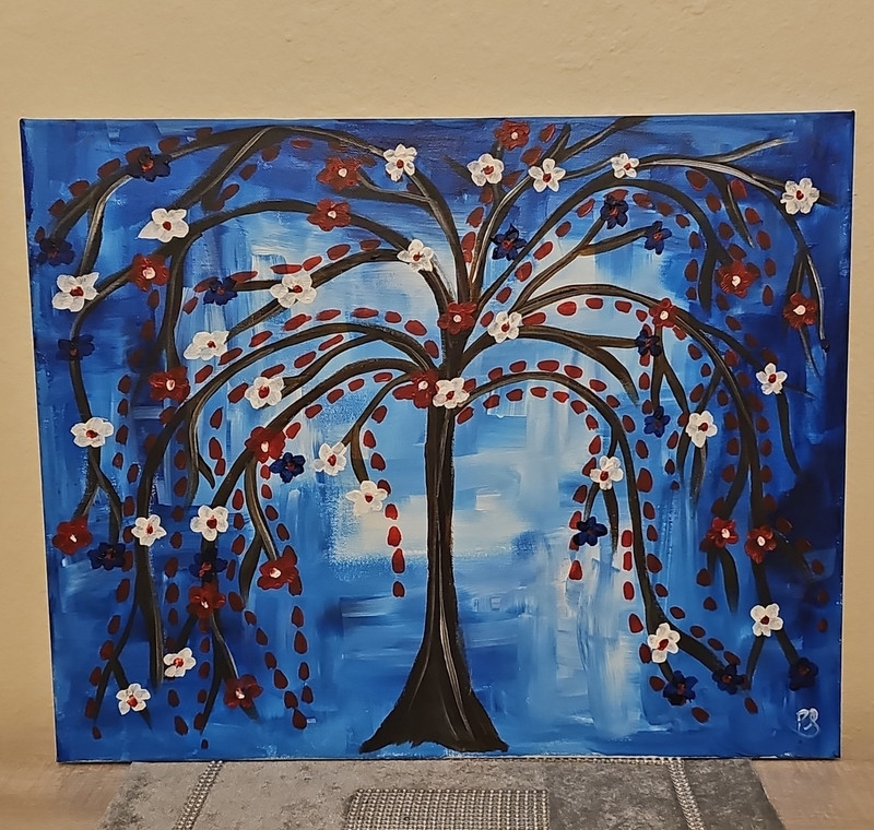 Abstract Tree & Flowers Canvas Painting, Signed, Unframed Nature Art 20 x17