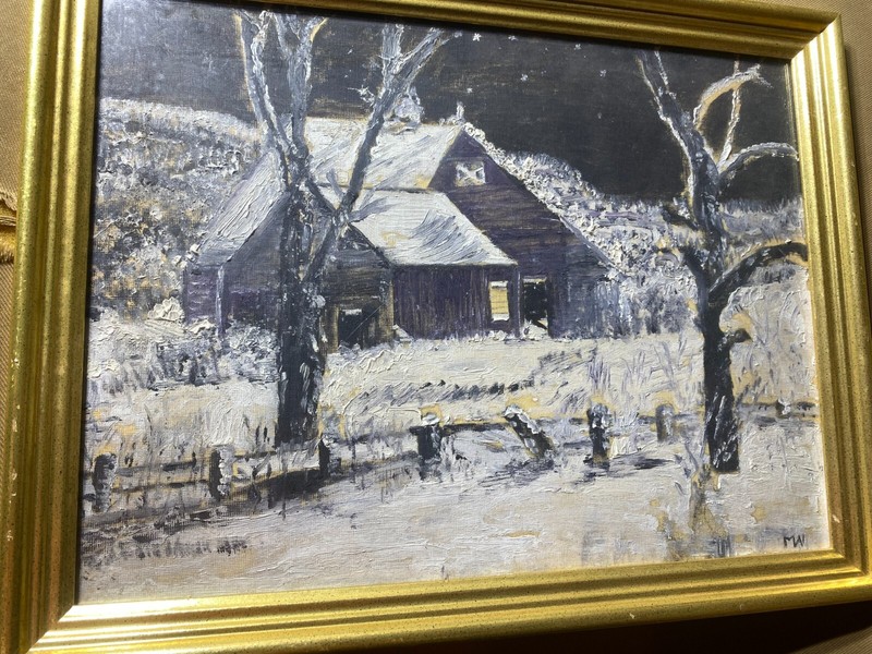 Antique M.W «Barn In Winter Landscape Scene» Oil Painting – Signed And Framed