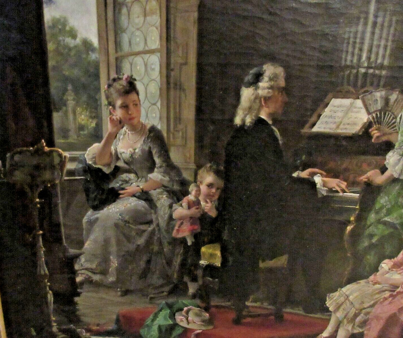IMPORTANT CARL HERPFER 46″ x 54″ OIL PAINTING «MUSIC LESSON» IN FINE GOLD FRAME