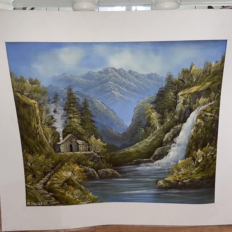 Beautiful ORIGINAL R. Boren Nature Landscape Painting Wall Art Cabin Woods Water