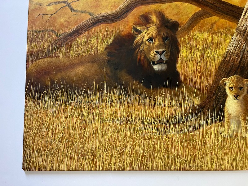 Russell Johnson Painting Illustration Quality Wildlife Lion Landscape Large 48” gallery