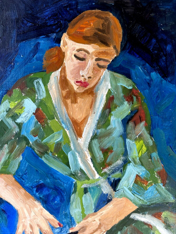 Handmade oil painting young woman Ukrainian vintage 1960s Length 20inch Width16 gallery