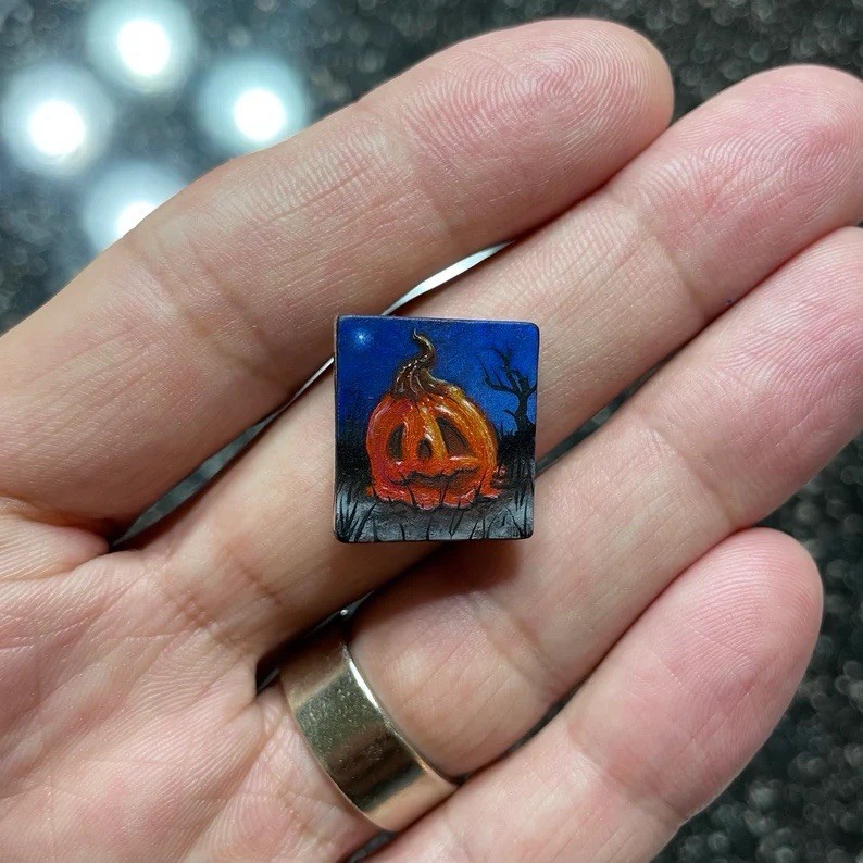 Halloween Jack O Lantern 3 Miniature Oil Painting Original Scrabble Tile