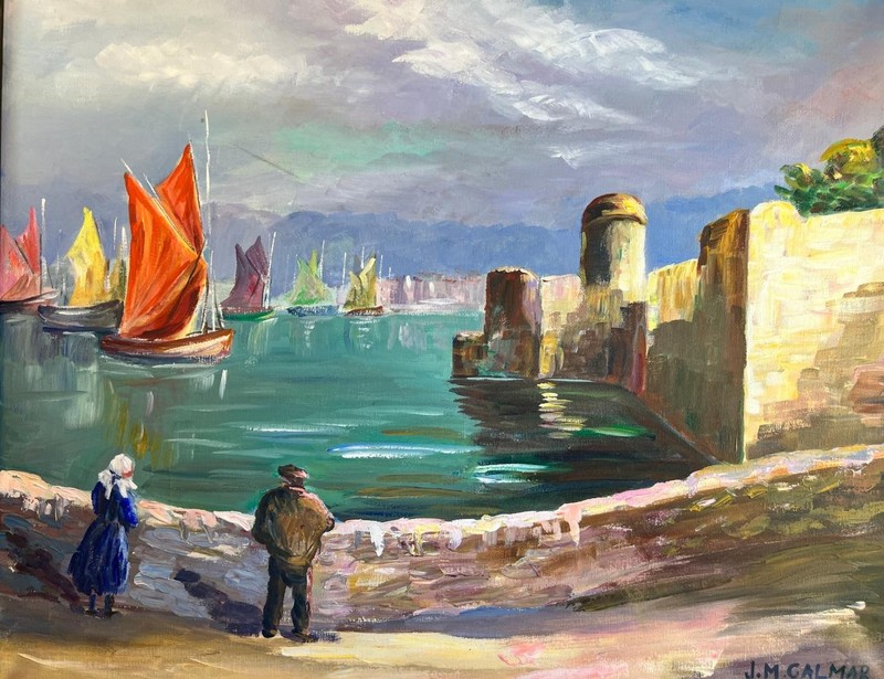 Vintage Coastal Ocean Landscape Oil Painting Seascape Ships Boats Art JM Calmar