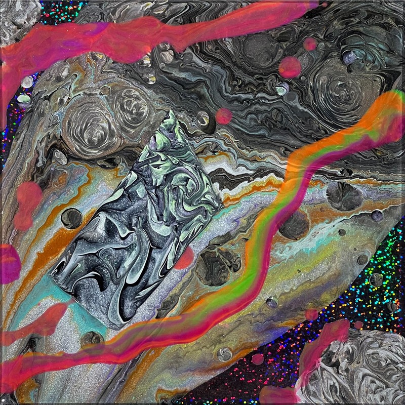 Dark Sky – Resin, Neon Acrylic Paint, Metallic Pigments, and Holographic Vinyl o