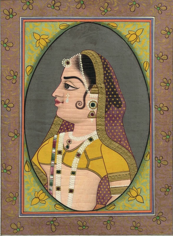 Portrait Painting Of Rajput Queen Handmade Vintage Art On Silk Cloth 10x14 Inch gallery