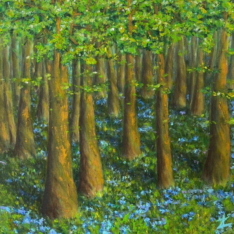 Bluebells forest, trees, forest landscape Original painting on canvas 12x 12