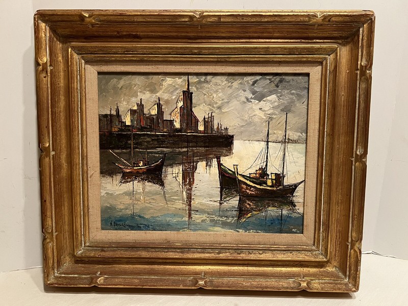 Vintage «Four Sail Boats» Painting Intercraft Industries Academy Arts MCM