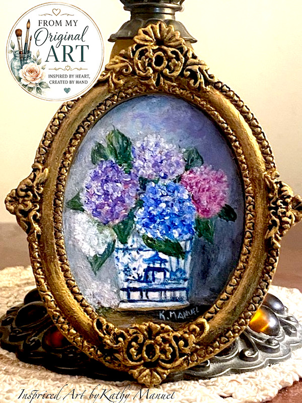 Picture Frame Original Hand Painted Hydrangea Floral Miniature Signed K. Manuel