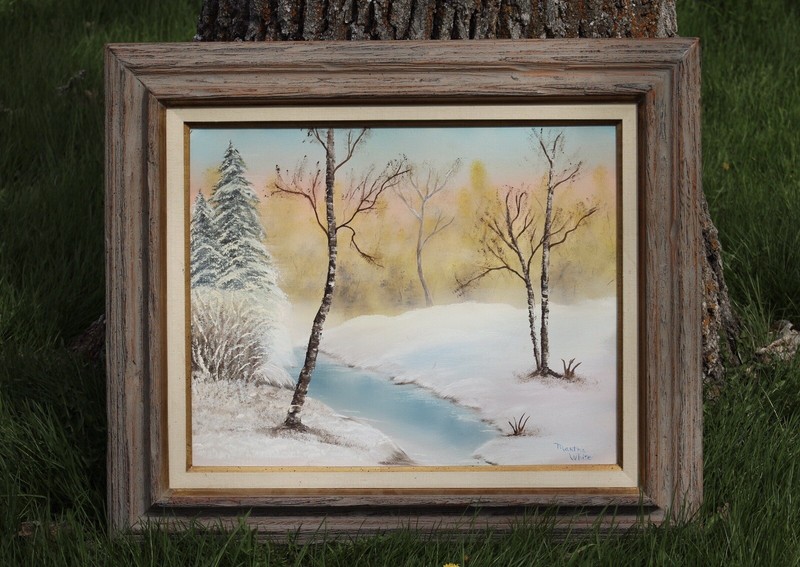 Original Oil Painting Snow Winter Creek Landscape Canvas Framed Signed 16×20 in
