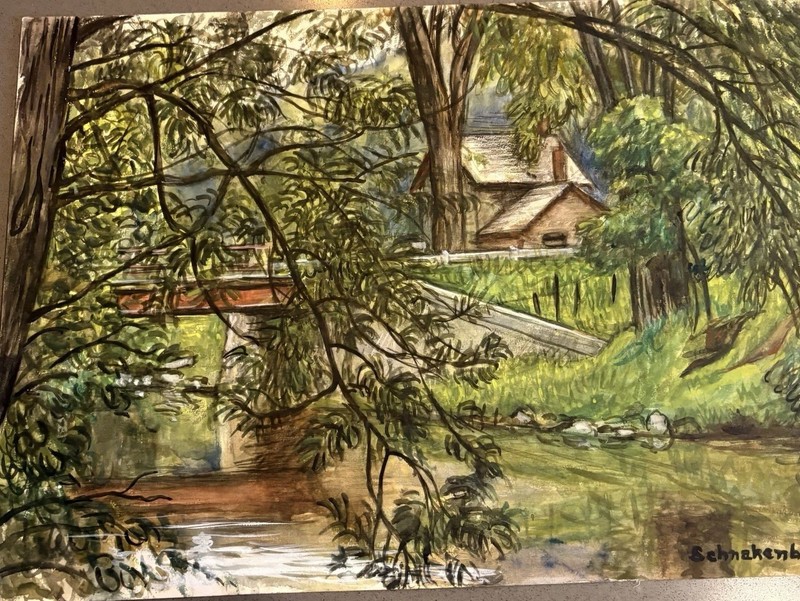 H.E. Schnakenberg 1944 Manchester VT Batten Kill Bridge Watercolor Signed