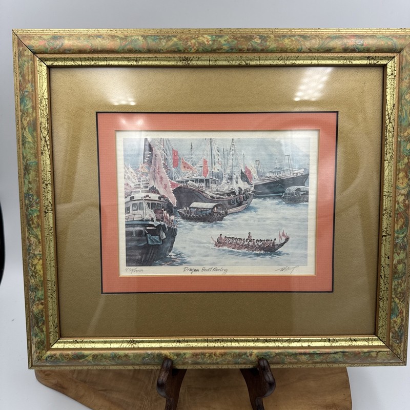 Vintage Dragon Boat Racing Watercolor Art Painting Numbered Signed Matted Framed