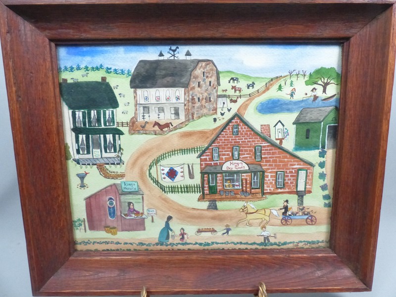 Vintage Primitive Folk Art Painting of an Amish Community by M A Yocom