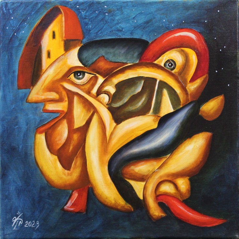 painting original oil canvas handmade modern art face animal head city ARTANGAR