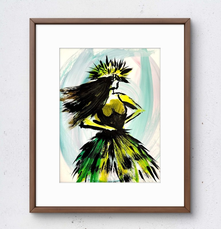 JANICEART Original Hula Dancer Hawaiian Green Gold Paper 9×12 Acrylic Wall Art