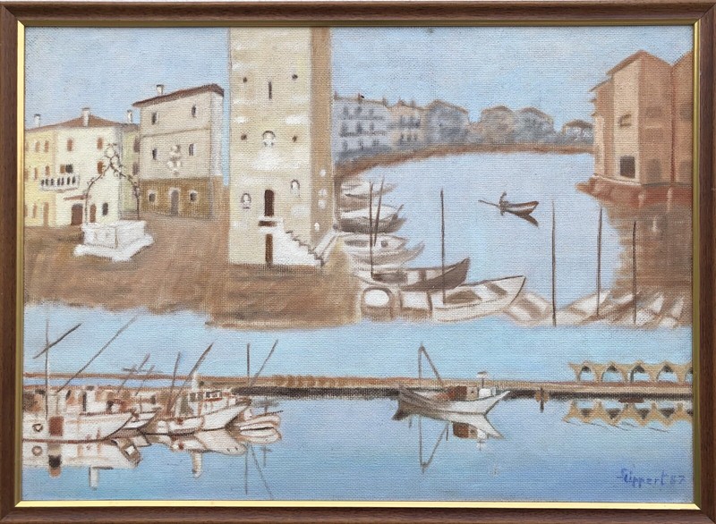 Expressionist Southern City by the River Sea Canal Boats Houses Italy Spain