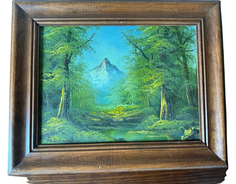 Vtg Original Painting Canvas Valley Mountains Forest Wooden Frame 20”x18” Scenic