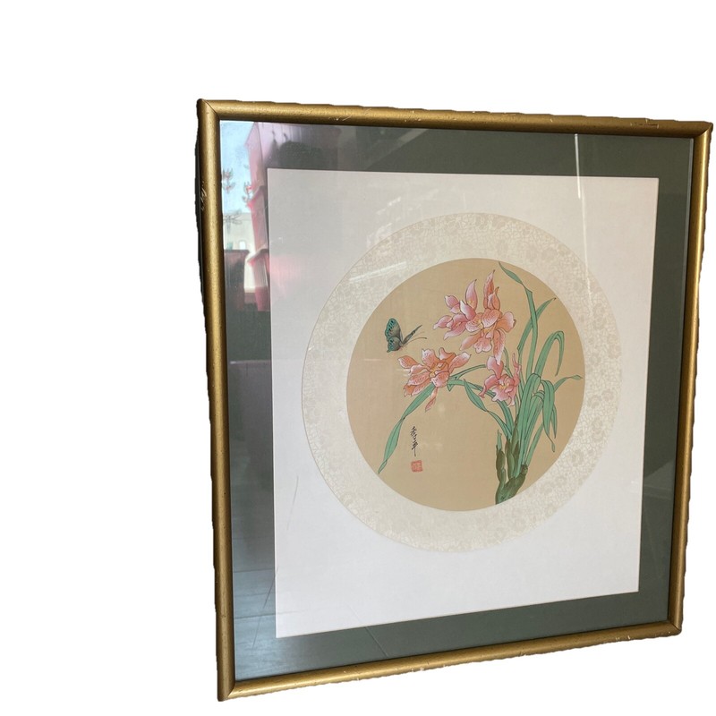 Vtg Chinese Butterfly Floral Watercolor Painting On Silk Rice Paper Signed Frame