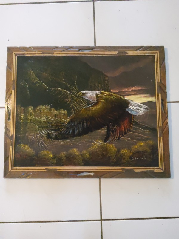 VTG ORIGINAL SIGNED ERNESTO SANCHEZ EAGLE SPIRIT OIL ON VELVET HAND CARVED FRAME
