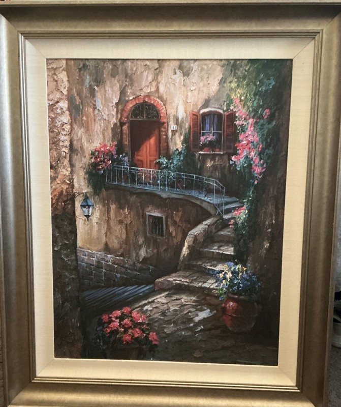 Large Hand-Enhanced Mediterranean Courtyard Oil Painting – Framed 39×33 – Ready